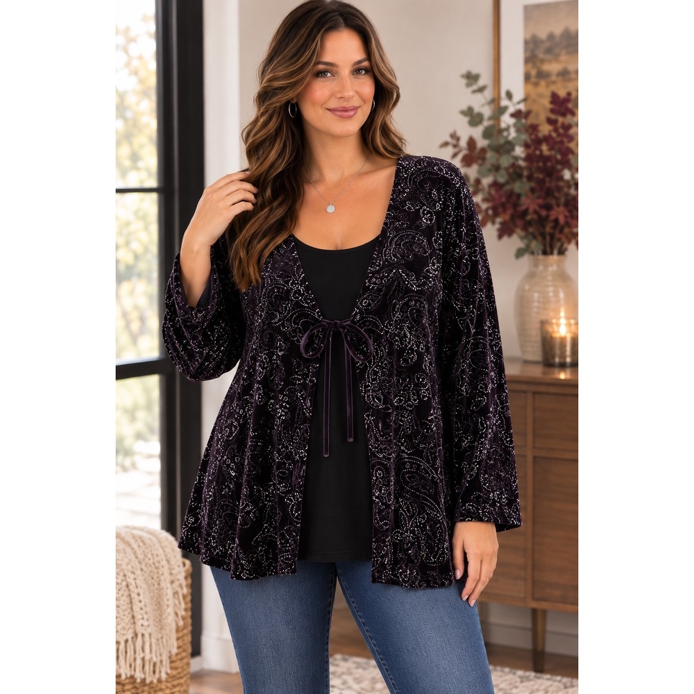 Studio 1940 Womens 26/28W Black Silver Paisley Velvet Glitter 2Fer Top Party